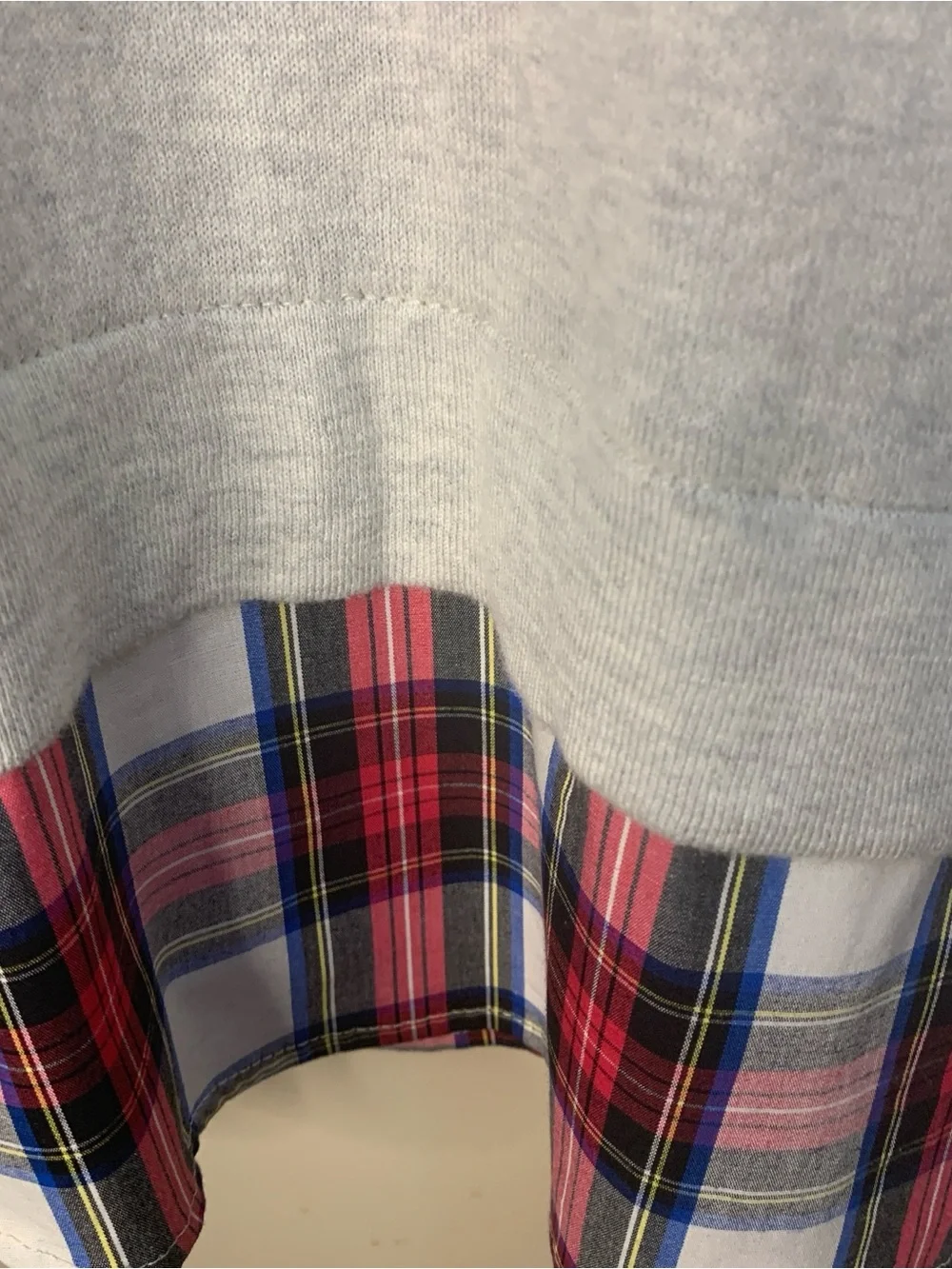 Women’s M J. Crew Light Gray Crewneck Sweater with Pink and Navy Plaid Trim